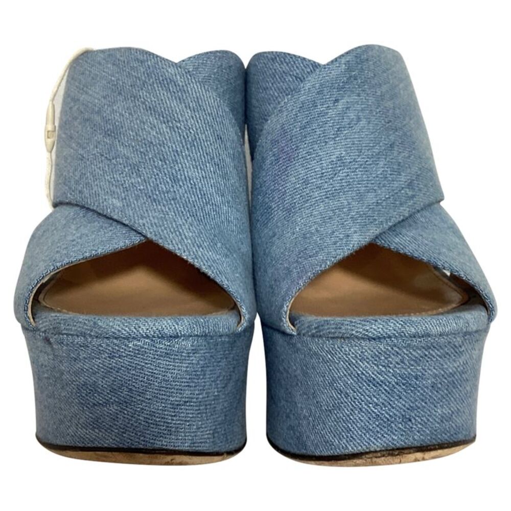 Sergio Rossi Alma Slip-On Wedge Sandals in Blue Cotton Denim - Picture 3 of 10